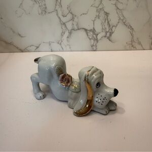 Vintage porcelain Hound dog white with pink flower 5”